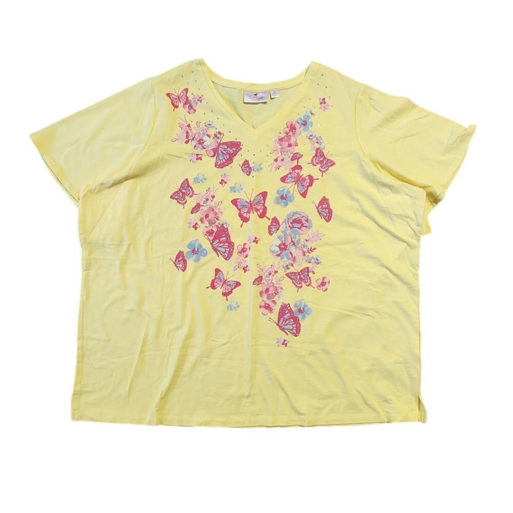 Quacker Factory All Flutter Yellow Butterfly Rhinestone V Neck T-Shirt Plus 3X - Picture 2 of 9